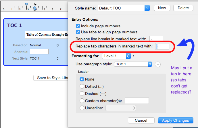 2.1.5 TOC How to retain tabs in text inserted in Table of Contents?
