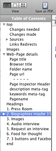 Navigator pane with ToC entries - very useful for navigating around a document.